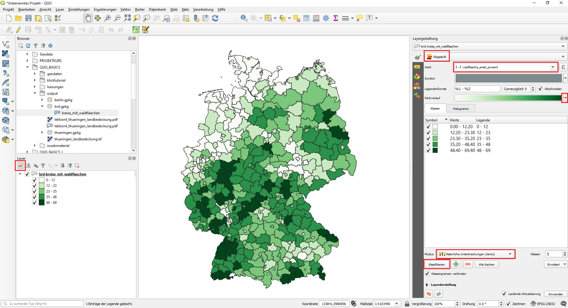 qgis, tutorial, deutsch, maptransfer, lektion7, anteil waldflächen visualisieren